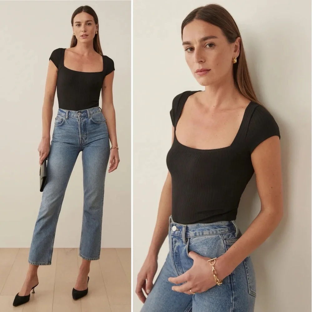 Reformation Bardot Black Ribbed Knit Square Neck Top Medium Perfect Condition
